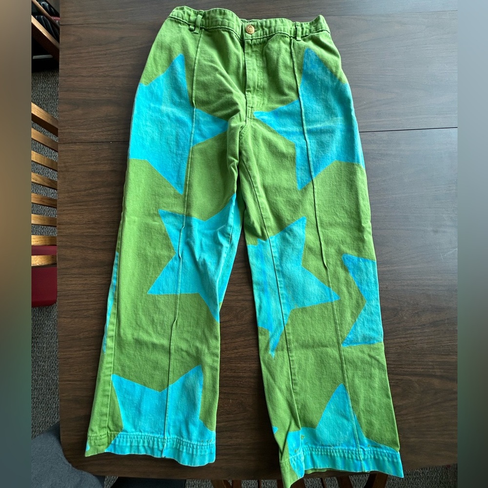 Big Bud Press western pants green with blue paint stamp stars - size large L